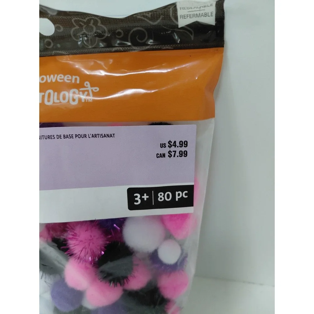 Halloween Creatology Pom-Poms 80 Piece Craft Basics Purple Pink White Black NIP